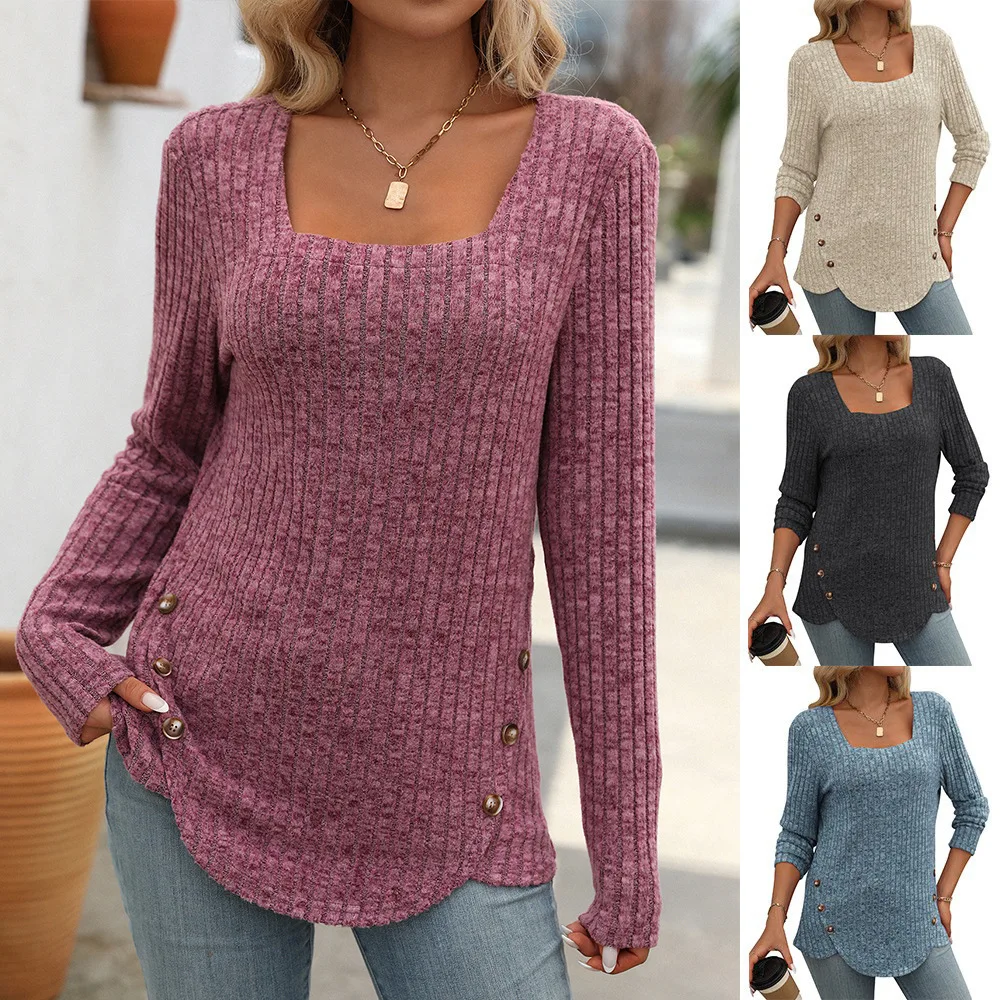 2024 Spring Autumn Women's Long Sleeve Top Square Collar Pit Stripe Frosted Solid Color Top Button Up T-shirt Female Knitted Top