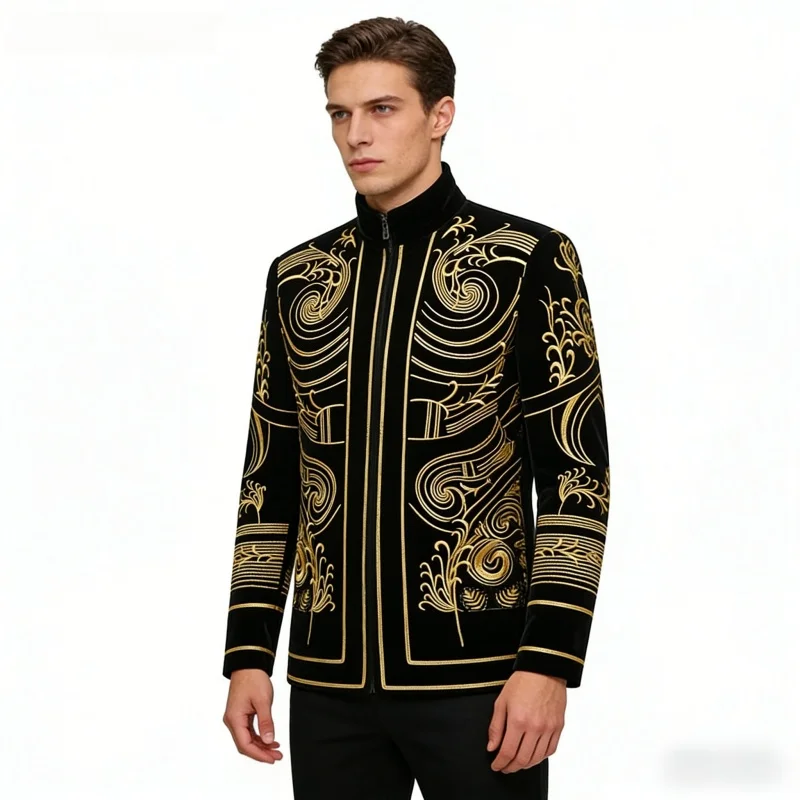 

Мужской пиджак для выступлений на сцене, винтажный золотой вышитый бархатный блейзер, смокинг для выступлений в баре/ночном клубе