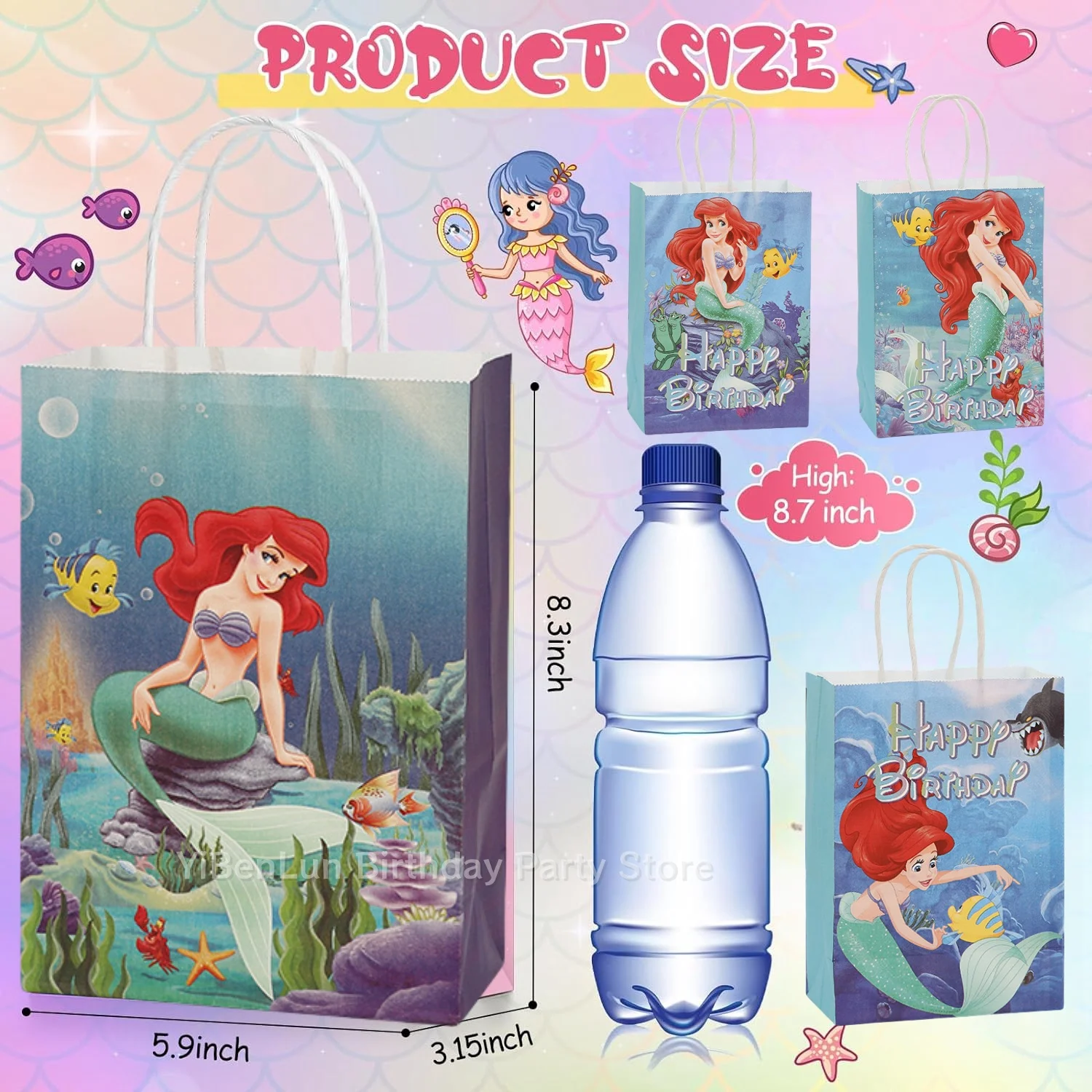 Mermaid Handle Kraft Gift Bag Birthday Decor Mermaid Paper Cookie Candy Gift Packaging Bag Baby Shower Girl Favor Party Supplies