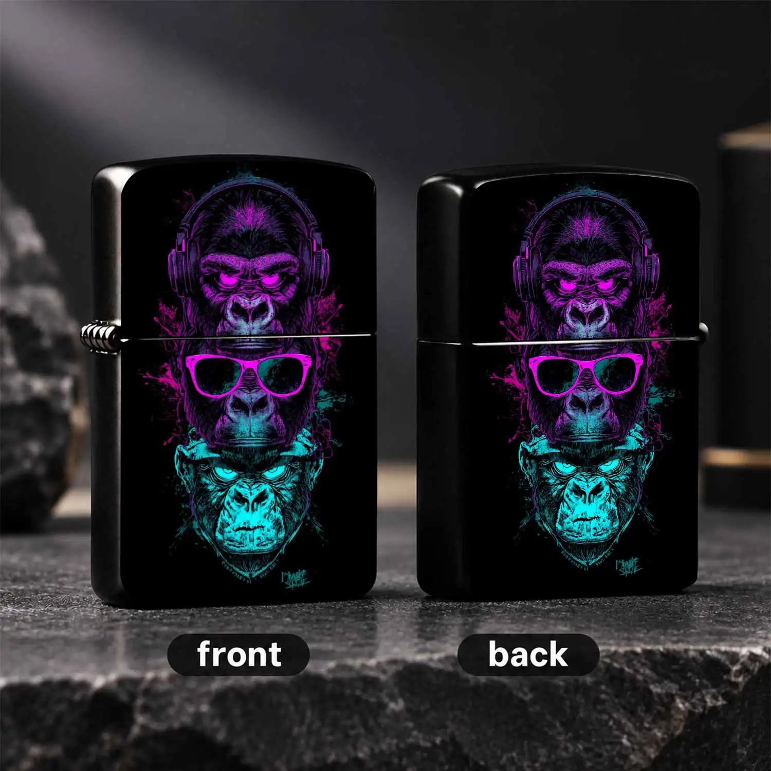 Neon Cyber Gorilla Pattern Lighter, 3 Stacked Cool Ape Heads With Headphones Sunglasses Glowing Eyes, Stylish Trendy Portable Accessory For Daily Commute, Outdoor Gathering, Party Use, Unique Creative Nice Gift For Your Friends And Hobbyist