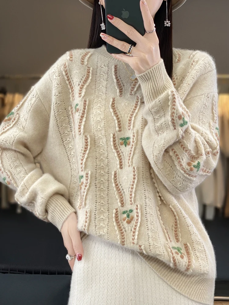 Addone  Women Vintage Sweater High Quality Hollow Twist Flower 100% Merino Wool Knitwear Autumn Winter Female Clothing Grace Top