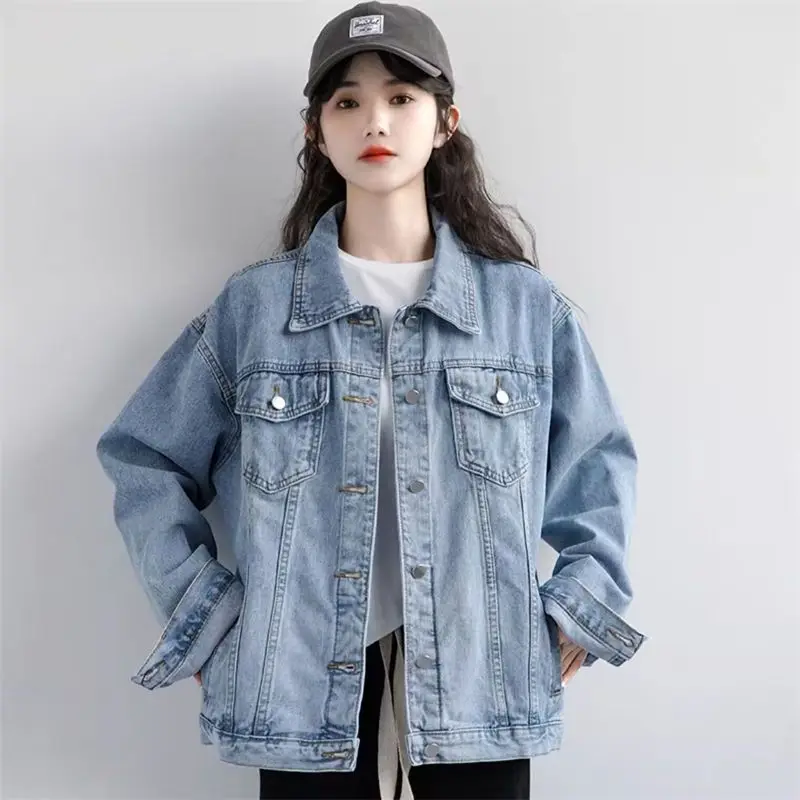 Women's Light Blue Loose Denim Jacket, Classic Oversized Jean Coat, Casual Button-Down Trucker Outerwear