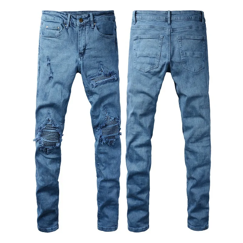 Jeans skinny masculinos de moda estilo americano enrugados elásticos e justos com remendos rasgados. Novo estilo para quatro estações em 2024.