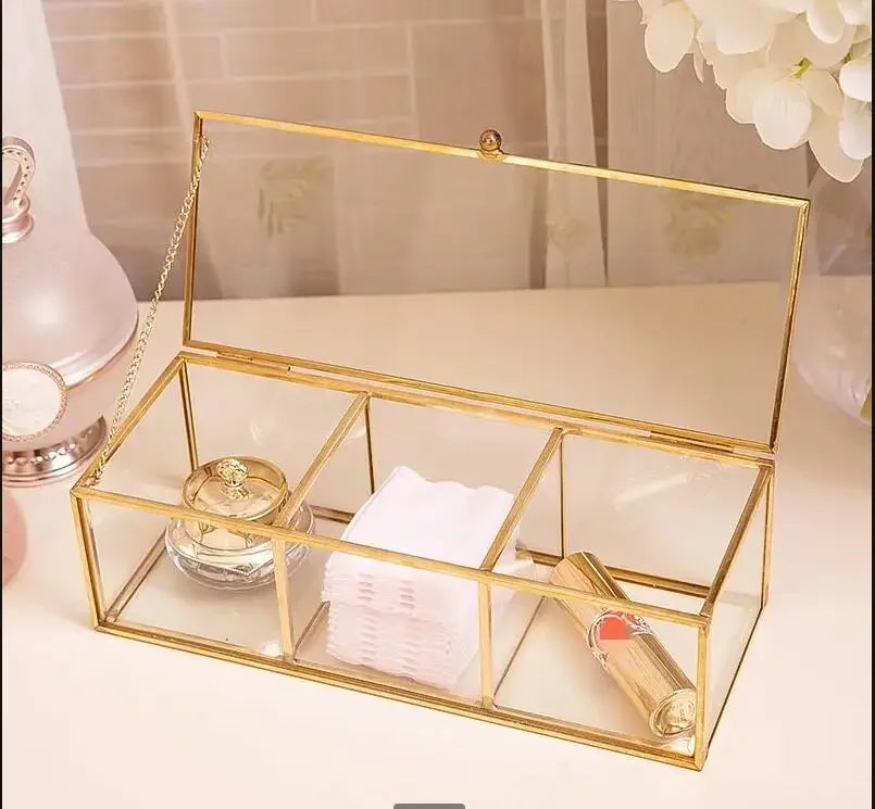 

Metal Glass Jewelry Box Rectangular Storage Boxes 3 Grids Organizer Makeup Tool Storage Organizer Cotton Swab Box Cosmetic Boxes