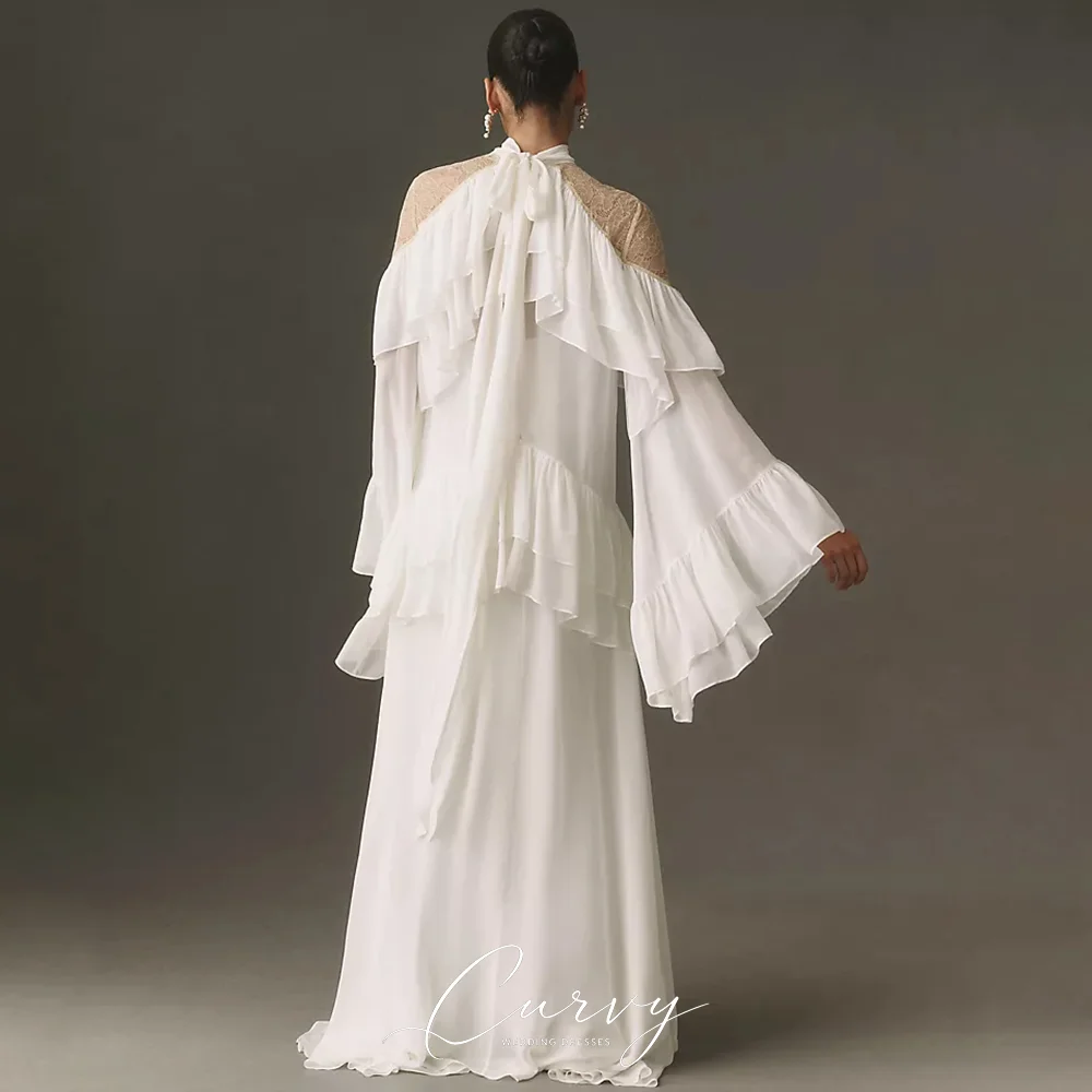 Curvy Whimsical Soft Ivory Chiffon Bridal Gowns High Neck Sheer Lace Shoulder Tiered Ruffle Bell Sleeve Customized for Women