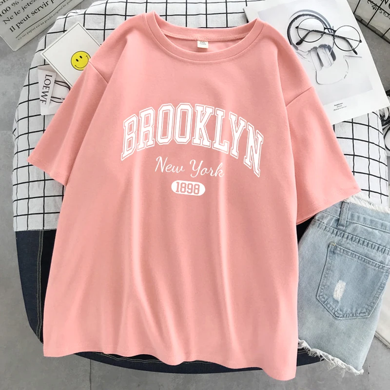 Brooklyn New York 1898 City Letter Print Female T-Shirt Street Breathable Tops Oversized Clothes Comfortable O-Neck Short Sleeve