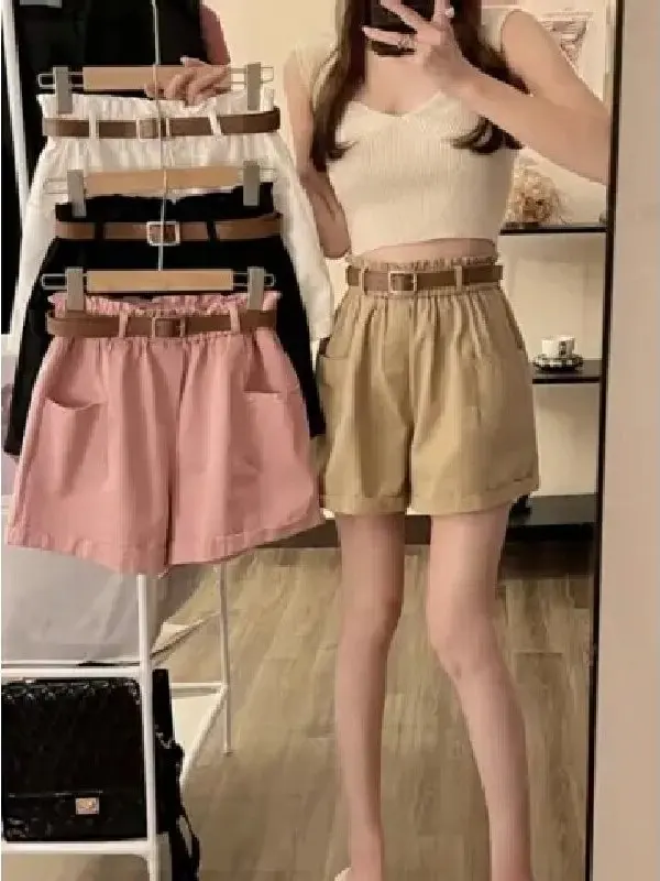 Cotton Linen Workwear Shorts Women Summer Thin Loose A-Line Cuffed Hot Pants Casual Wide Leg Pants High Waist Elastic Waist