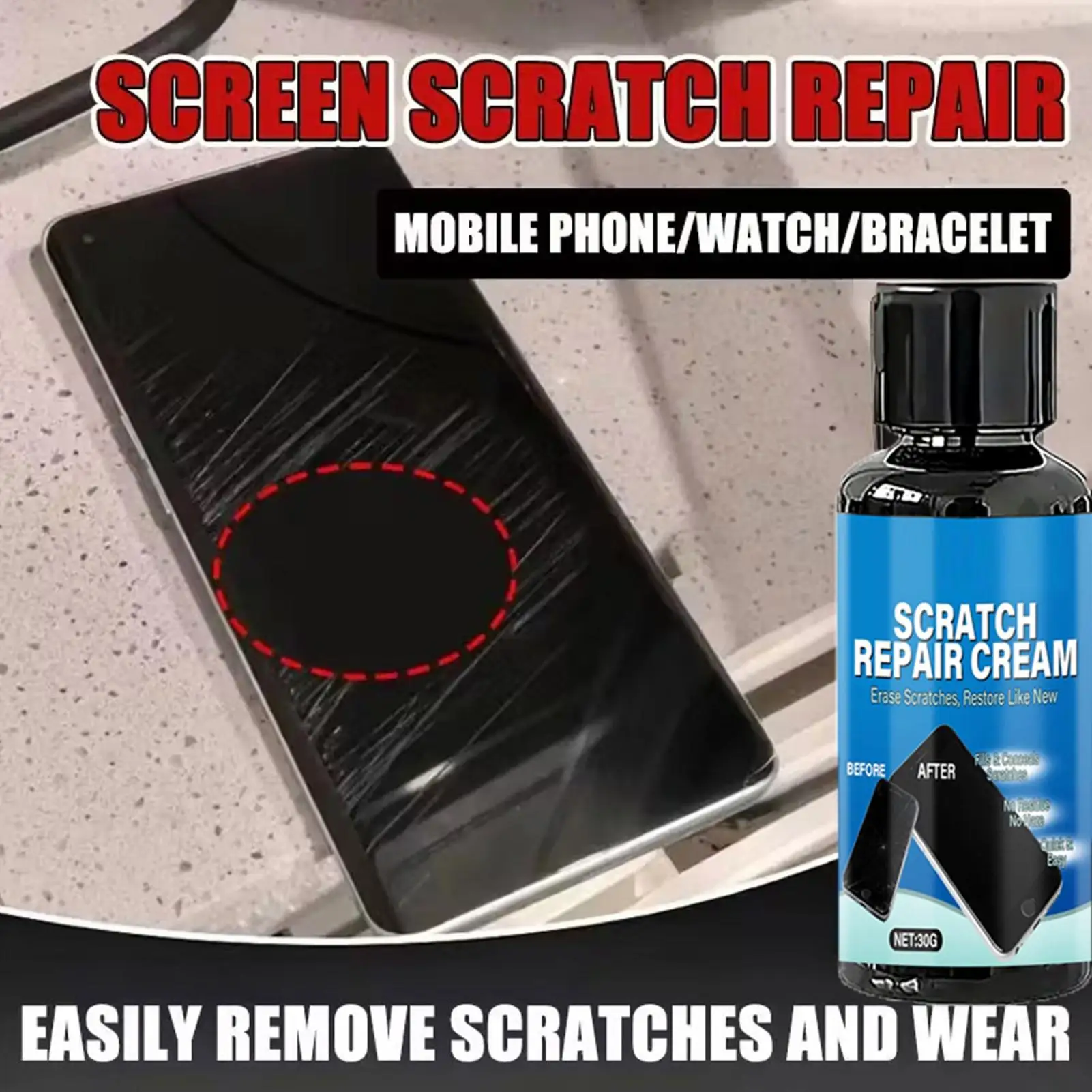 

30/100gPhone Screen Scratch Repair With Sponge Complete Quick Solution Long Lasting Phones Tablets Scratch Remover Smart Watches