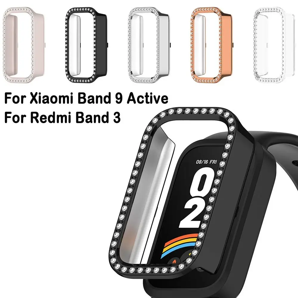 PC Protective Case Diamond Crystal Bling Watch Bumper Anti-Scratch Screen Protector for Xiaomi Band 9 Active/Redmi Band 3