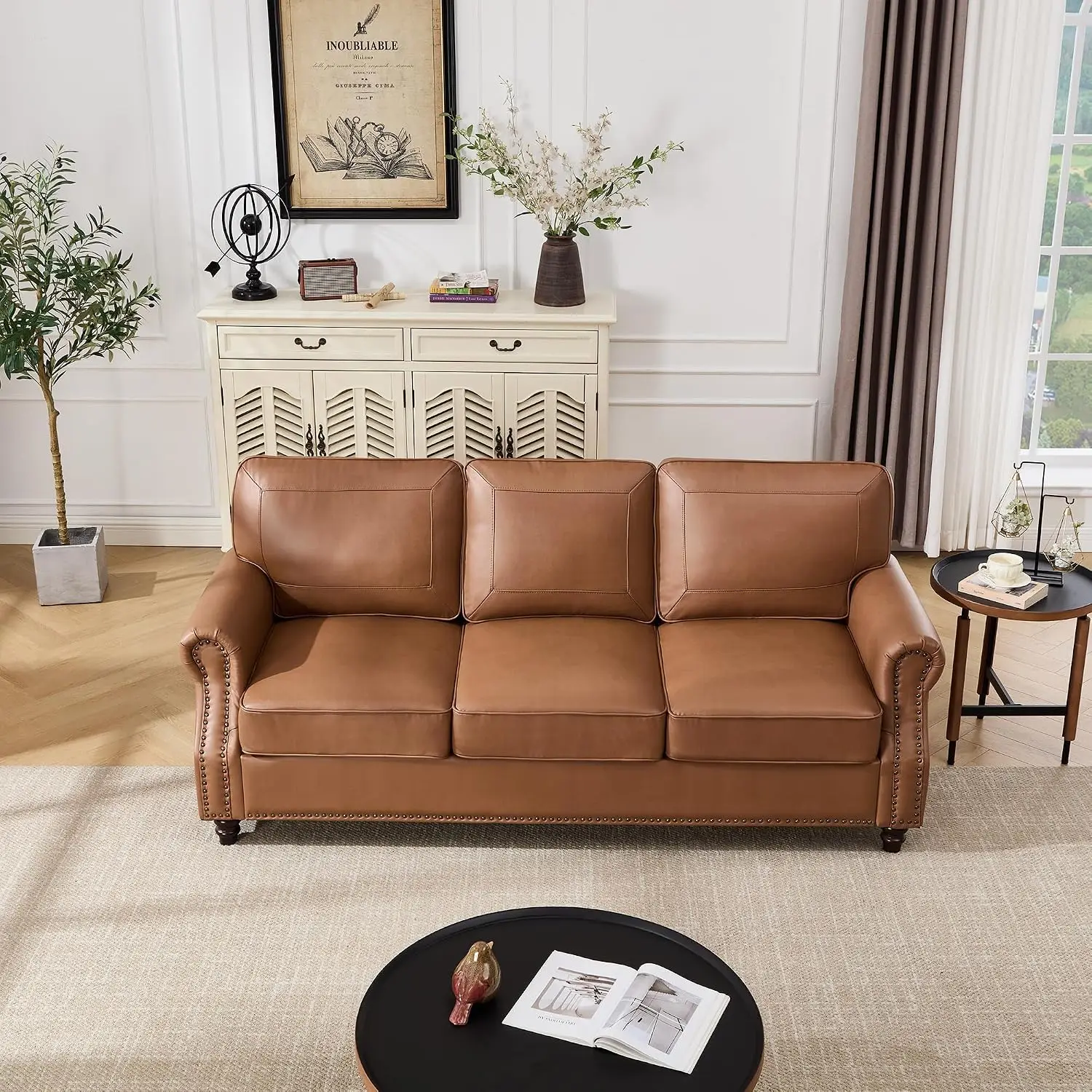 79'' Faux Leather Sofa 3 Seater Rolled Arm Nailhead Trim Mid-Century Modern Living Room Apartment Easy Install, Customized