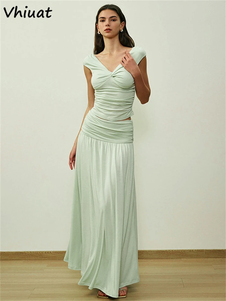 

Vhiuat винтажная элегантная плиссированная юбка женский летний комплект из двух предметов жилет без рукавов топы Y2K длинная сексуальная юбка с высокой талией комплект 2025