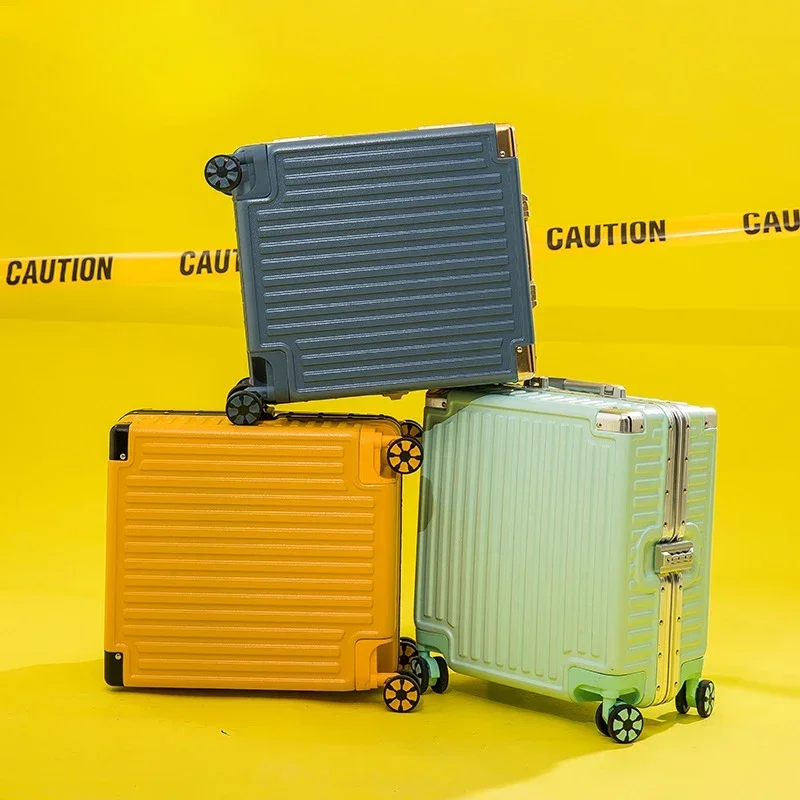 Fashion Aluminum Frame Rolling Luggage Travel Suitcase 18 Inch Carry on Trunk Password Trolley Case Universal Wheel Luggage Bag