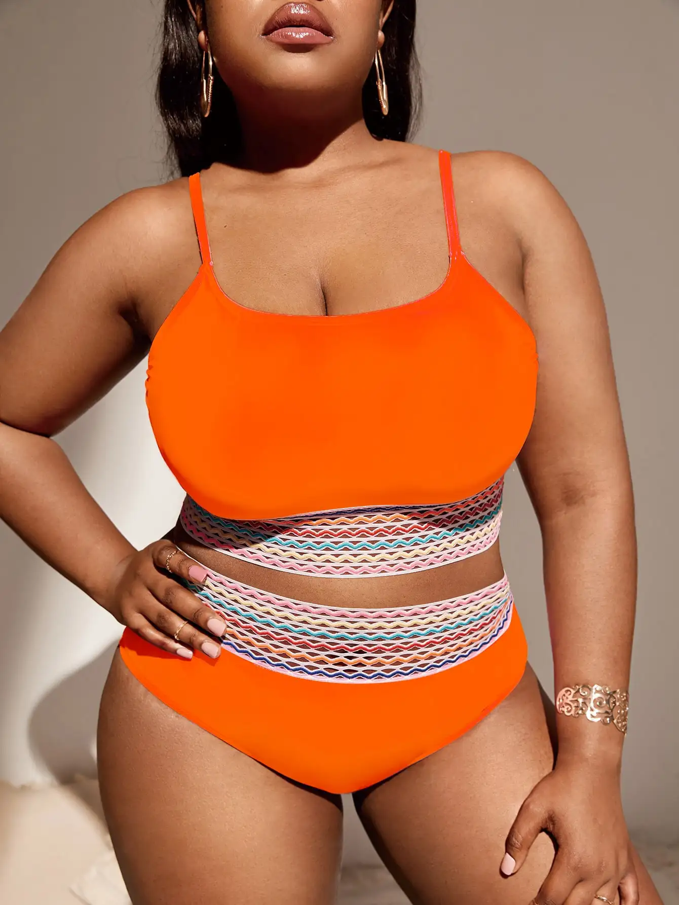 

2026 Orange Contrast Trim Swimsuit Women Plus Size Swimwear Female High Waist Bathers Bathing Swimming Suit Summer Beachwear