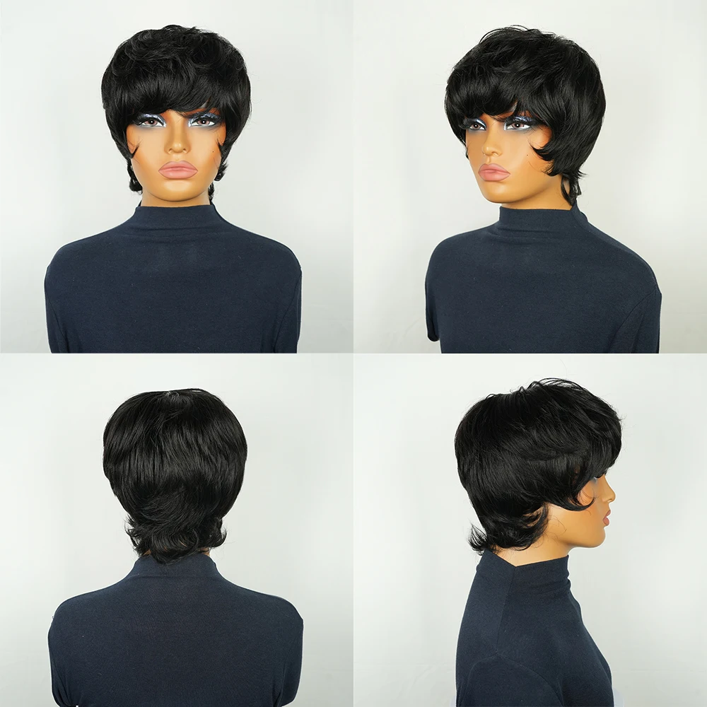 Kurze Pixie-Schnitt-Perücke, gerade Echthaar-Perücken mit vorgezupftem Pony für Frauen, brasilianisches Haar, maschinell hergestellte 100 % Echthaar-Perücke