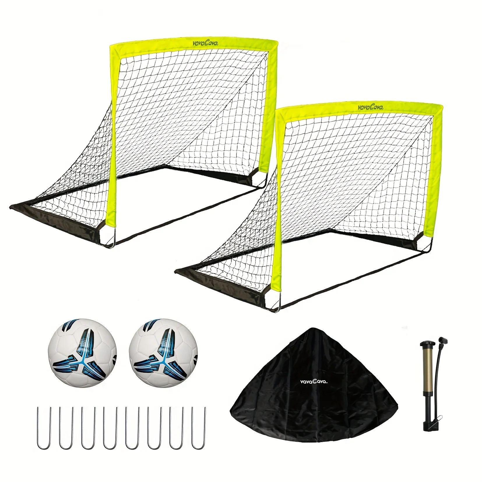 

Vavacava Offers Two Sets of Portable Soccer Goals Measuring 4' X 3', Suitable for Use in Backyards, Indoors, And Outdoors. The Package Includes Two Nets, Two Soccer Balls, a Pump, And a Carrying Bag