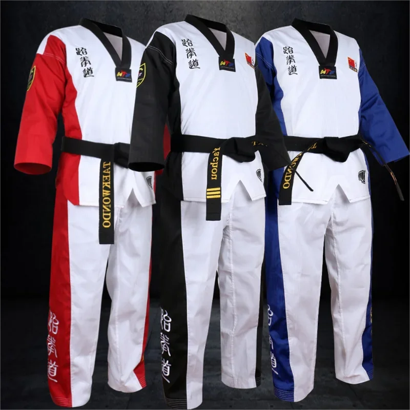 3 Color Taekwondo Dobok V Neck Uniform Black Collar Adult Children Teenagers TKD Poomsae Red Blue Tae Kwon Do Black Clothes WTF