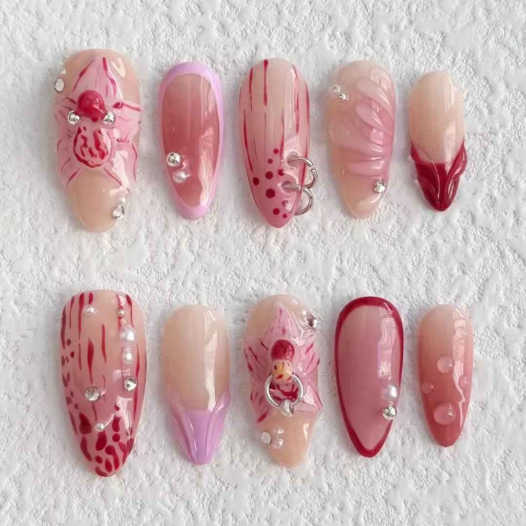 2025 New Personalized Buckle Inlaid Manicure Handmade Red Gradual Change Advanced Manicure Fake Nail Press on Nails Women Wear
