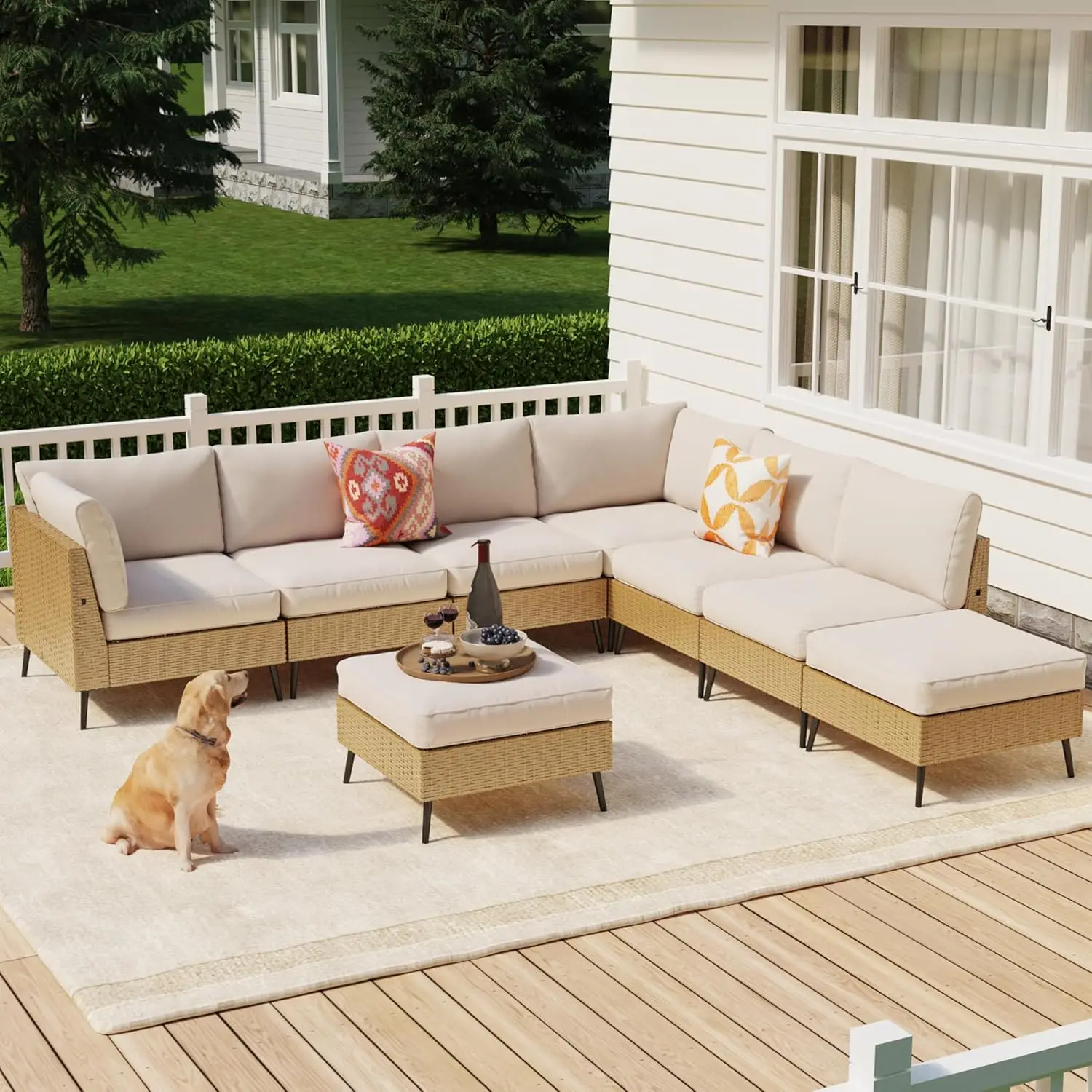 8 Stück Terrassen möbel Sets Pe Rattan Korbs ofa Set, Allwetter Terrasse Gespräch Set mit Kissen und Ottomane