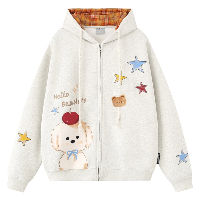 Bluza z kapturem w amerykańską kratę z nadrukiem misia, rozpinana, damska/męska, luźna, w stylu casual, odzież wierzchnia na sezon jesieni.