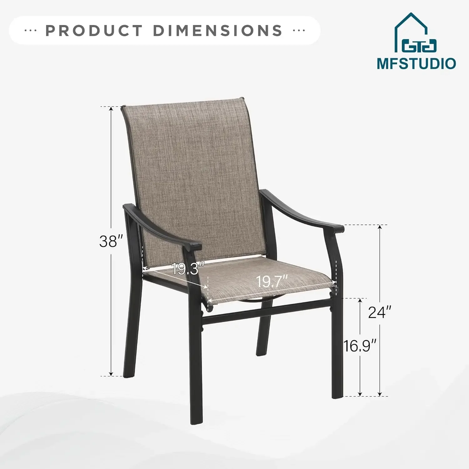 2 PCS Metal Frame Patio Sling Chairs with Backrest and Armrest, All Weather Resistant Heavy Duty Patio Chair, Grey