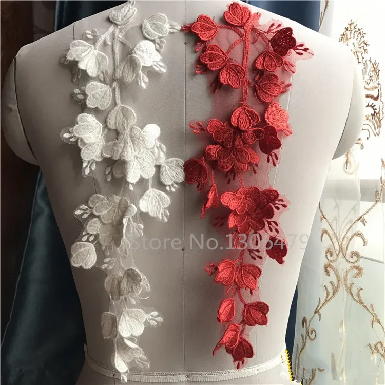 Applique solubile in acqua con toppa in pizzo 3D, accessori per abiti da sposa, bianco, fiori di pizzo rosso, RS979, 4 pezzi, 2 paia