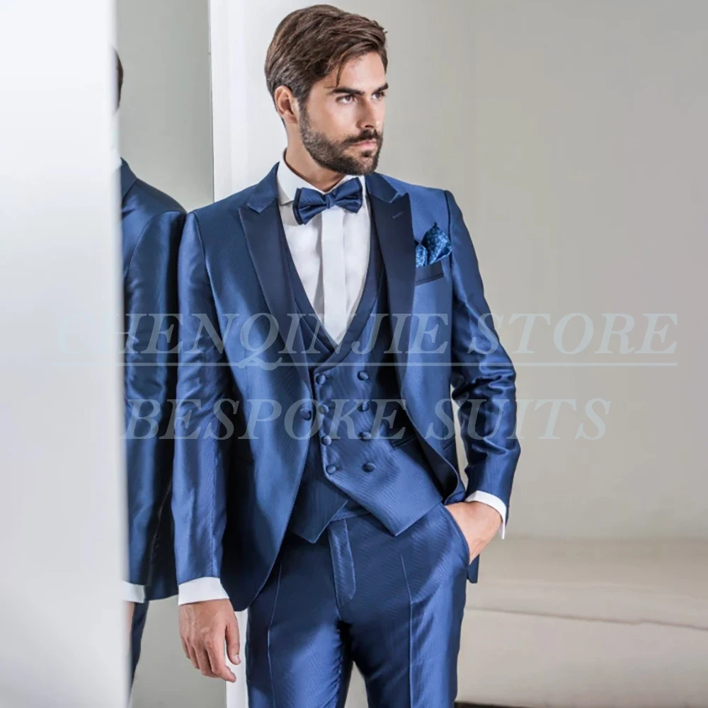 

Luxury Blue Men's Suits Fashion Single Breasted Peak Lapel Slim Fit 3 Piece Jacket Pants Vest High Quality Wedding Male Clothing