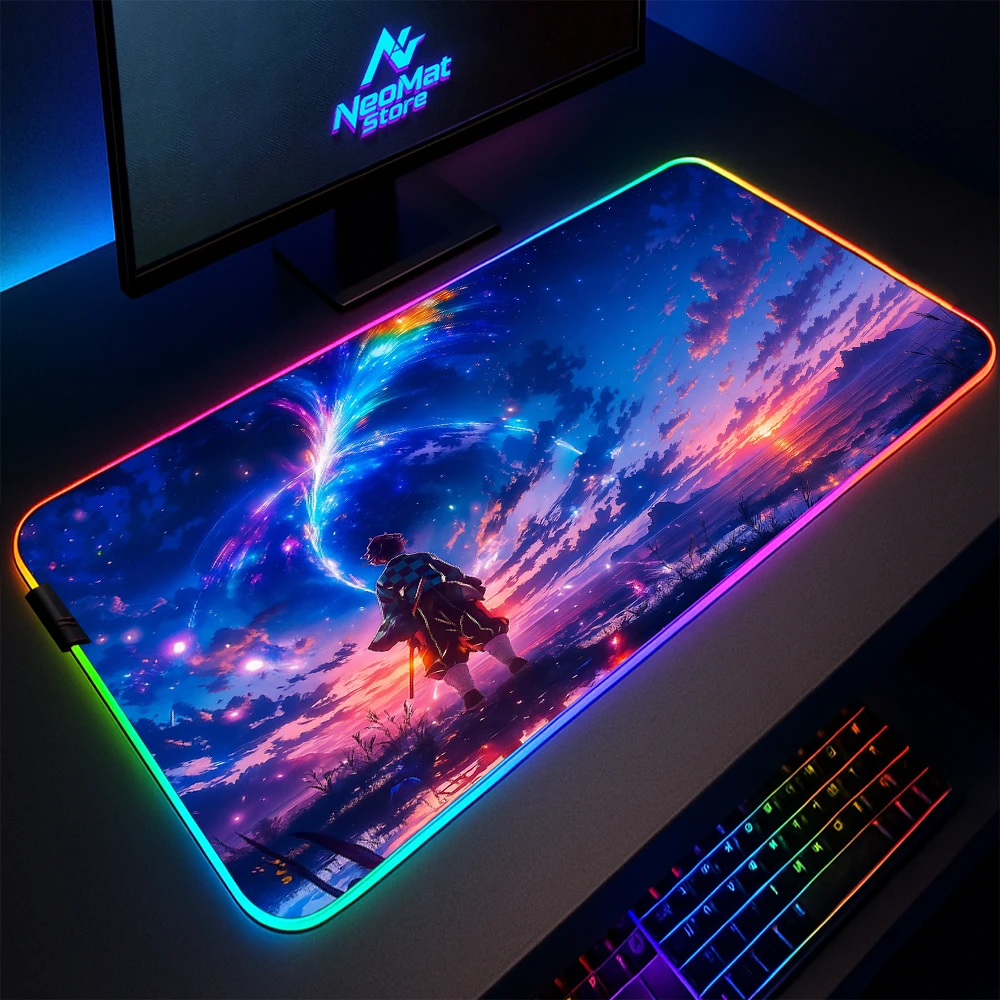 

RGB LED Light Gaming Mouse Pad Rubber XL Desk Mat 800x300 Mausepad Large Gamer Table Setup Demon Slayer Tanjiro Galaxy Night Sky