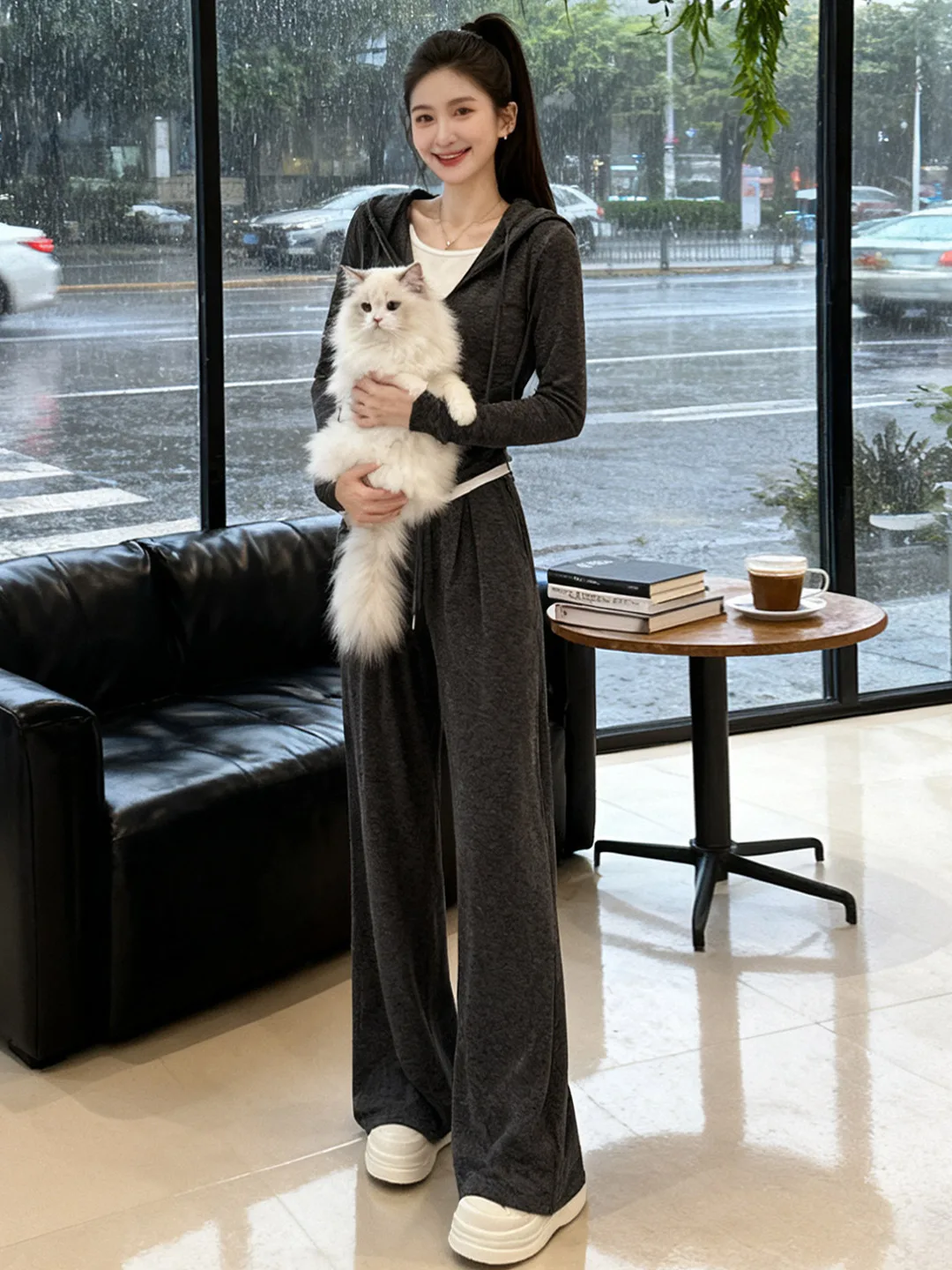

Gray Casual Sportswear Set Women's Slimming Top Bottoms Three-Piece Suite Korean Style Spring Comfortable High Waist Wide Leg...