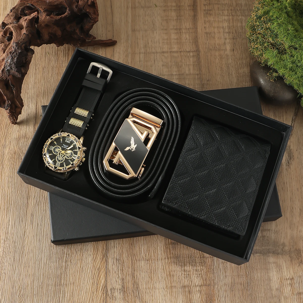 

Fashion trend three-eyed silicone strap men's watch belt wallet 3-piece gift box set