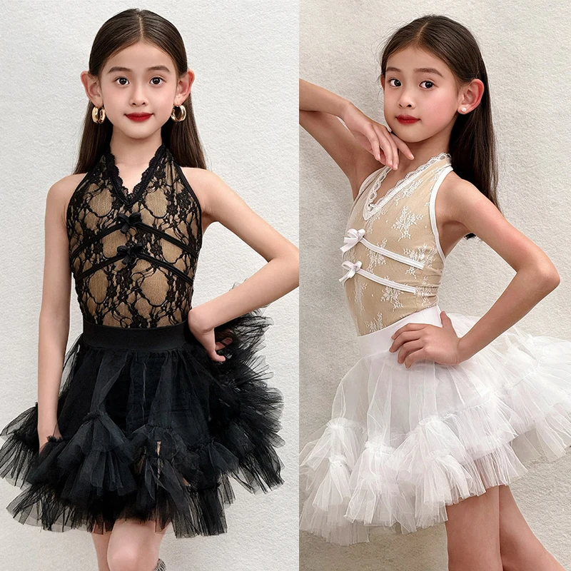 

Детская одежда для занятий латинскими танцами (сальса, румба), платье для латинских танцев с кружевом и бретелями для девочек, детские костюмы для выступлений SL15395