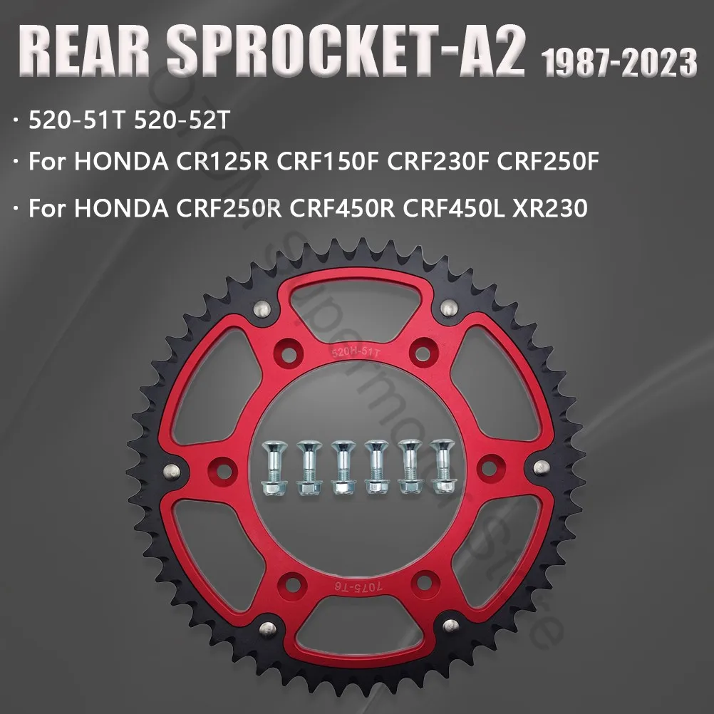 

Цепь для мотоциклов HONDA 1987-2023, задняя двойная звездочка 520, алюминиевая пластина 51T 52T, для моделей CRF150F CRF230F CRF250F CRF250R CRF450R XR230