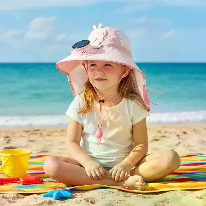 Kids Wide Brim Sun Hat Solar Rechargeable Fan Neck Flap UV Protection For Summer Beach Activities