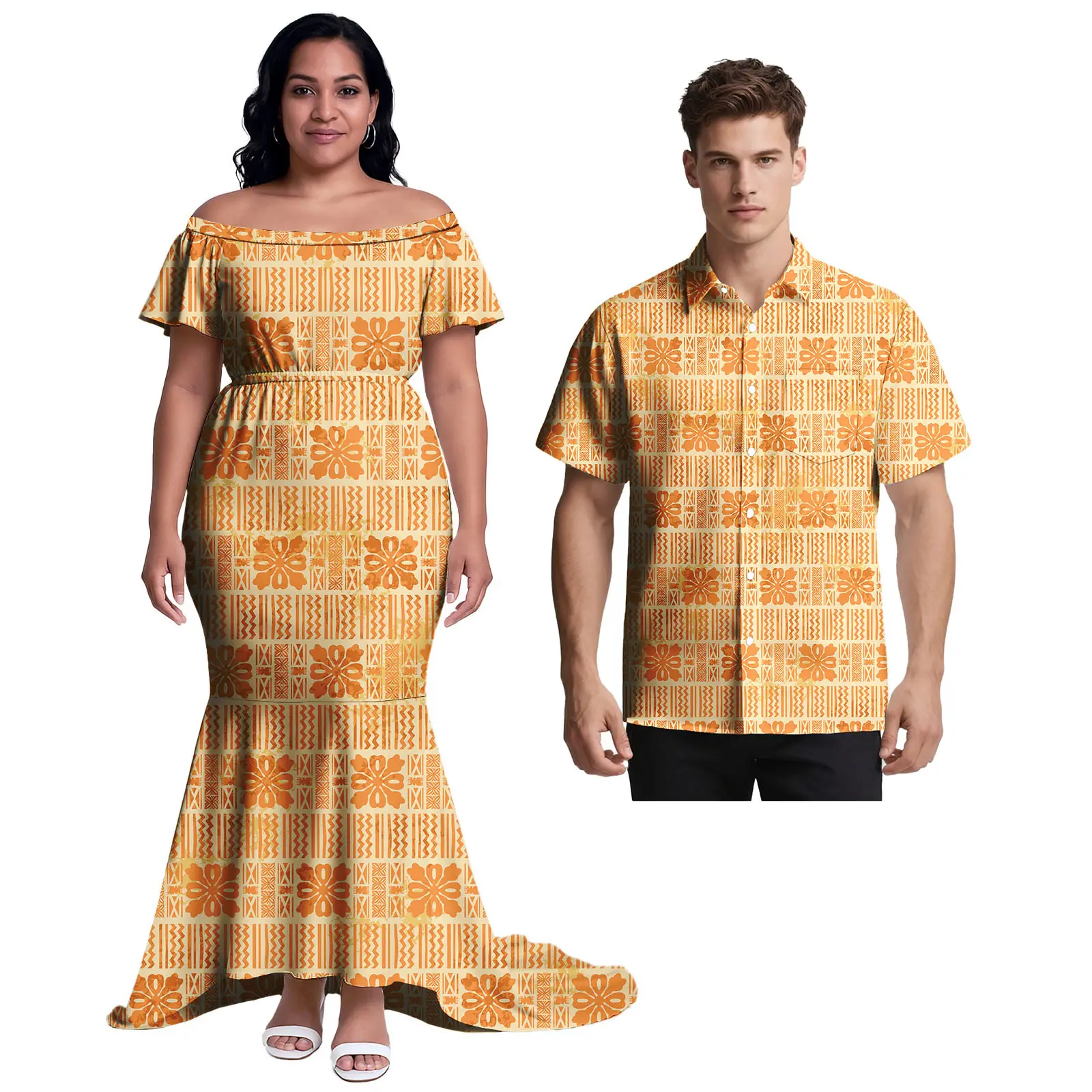 ساموا ملابس مخصصة هاواي الرجال ألوها تي شيرت البولينيزية المرأة فستان أنيق تابا العرقية نمط مجموعات من الأزواج مجموعات غير رسمية #3