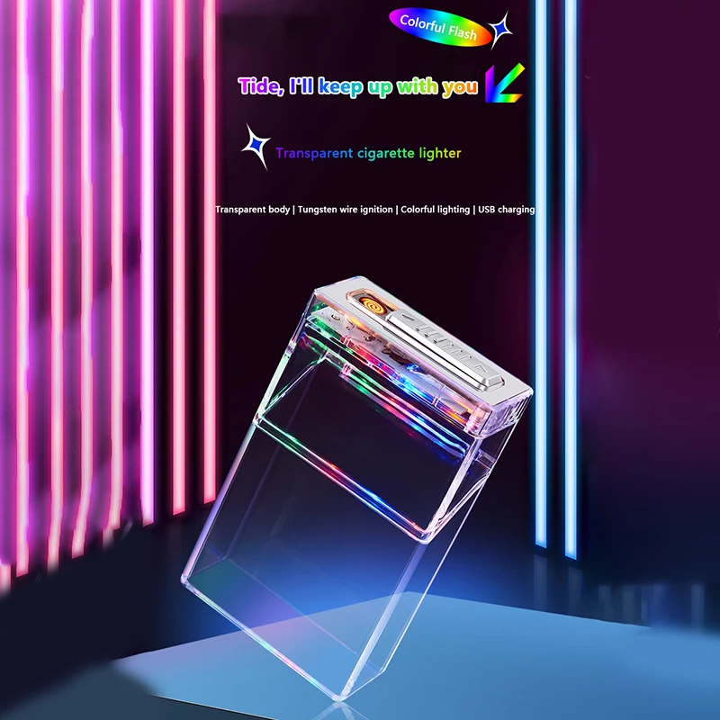 1 Pc Transparent LED Lantern Cigarette Case USB Lighter Thick Smoke Whole Pack Sealed And Moisture-proof Box