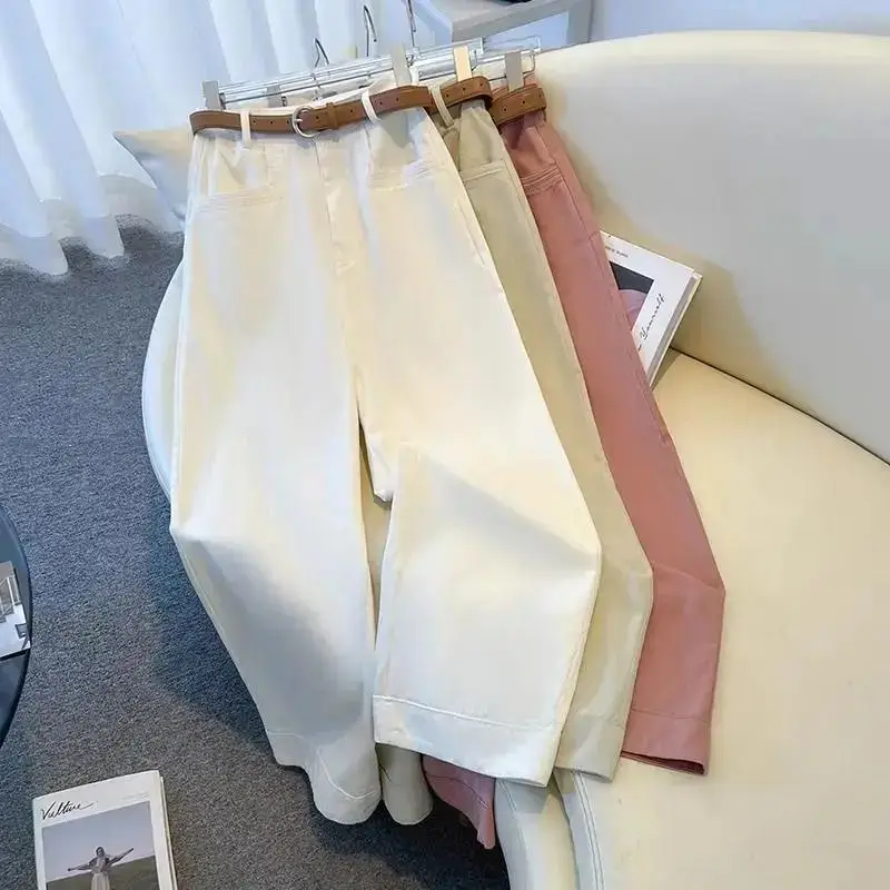 

New Chinese Solid Color Straight Leg Jeans Women's Clothing Summer Wide Leg Pants 2024 Small Thin Nine Points Wide Leg Pants