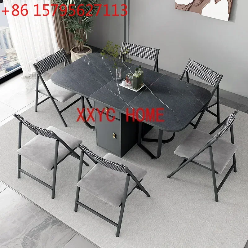 

Movable Folding Dining Table with Storage Rack and 2 Drawers Extendable Versatile Kitchen Table and Metal Folding