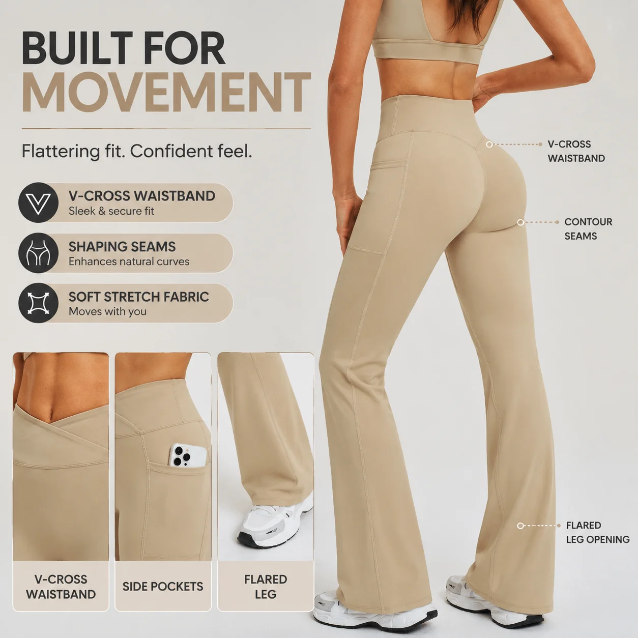 Women's High Waist Flared Sports Leggings with Contour Seam, Stretchy Yoga Pants with Bootcut Hem, Workout Tights