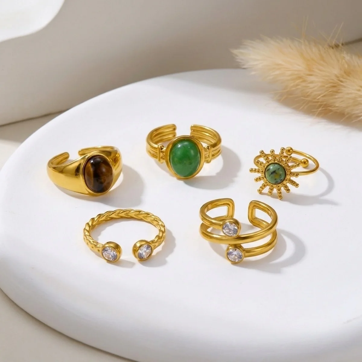 Retro-Tigeraugen-Naturstein-Oval-Sonnenringe, stapelbar, für Damen und Herren, Edelstahl, Zirkonia, Wickelring, Streifen-Fingerring, Schmuck – Detail 14