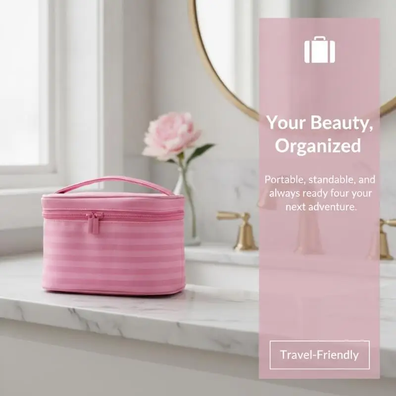 Rosa gestreifter, geräumiger, tragbarer Reise-Make-up-Beutel mit Spiegel, Handtasche für Kosmetikartikel, Geschenk für Frauen. – Detail 3