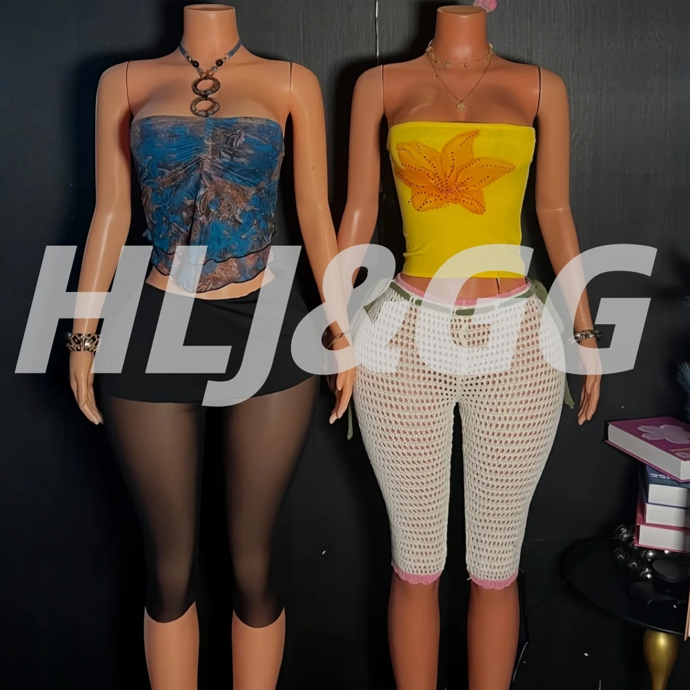 

HLJ&GG Sexy Retro Print Halter Ruffle Two Piece Sets Women Sleeveless Backless Crop Top And Mesh Pants Outfits Y2K Streetwear