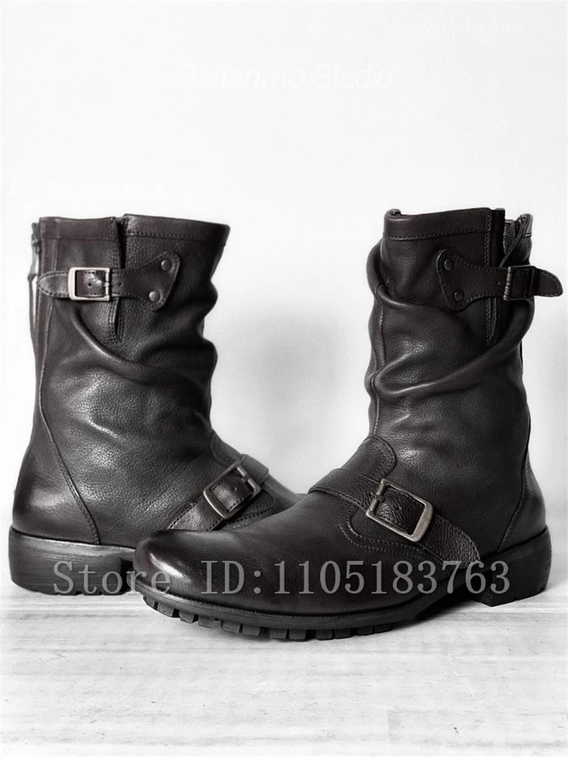 الرجعية نمط حزام مشبك أسود دراجة نارية أحذية الرجال مطوي كعب سميك عودة زيبر خمر تشيلسي الأحذية