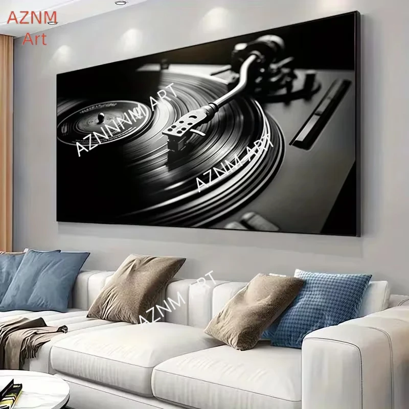 1PC ，Vinyl Record Player Canvas Art - Black & White Print, Wall Decor for Living Room & Bedroom, Music Room Decor