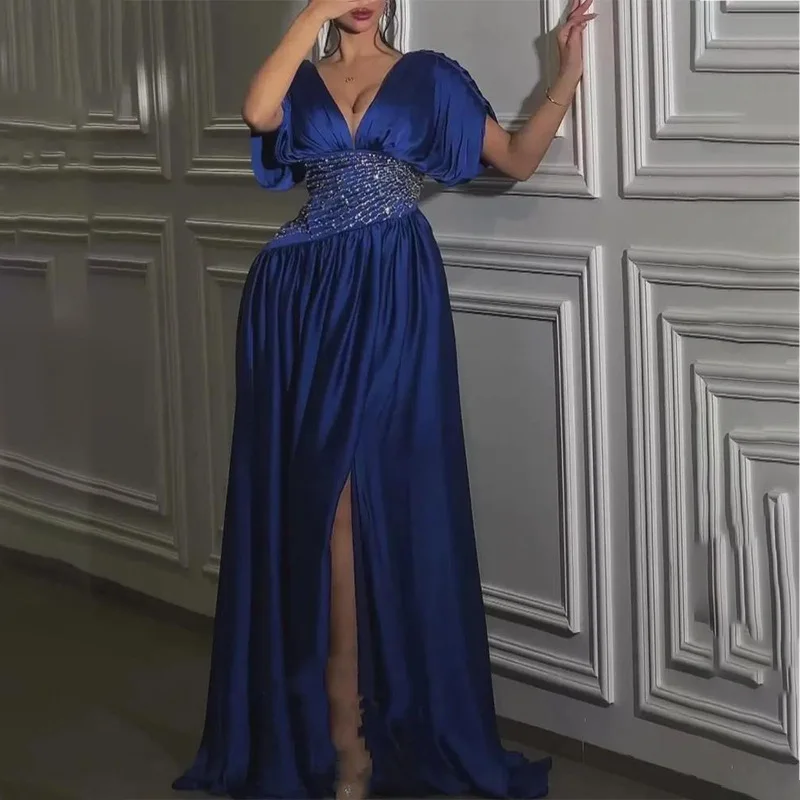 

Summer New Sequins Pleated Ball Gown Leisure Solid Color V-neck Short Sleeve Long Dress Elegant Lady Banquet High Split Dresses