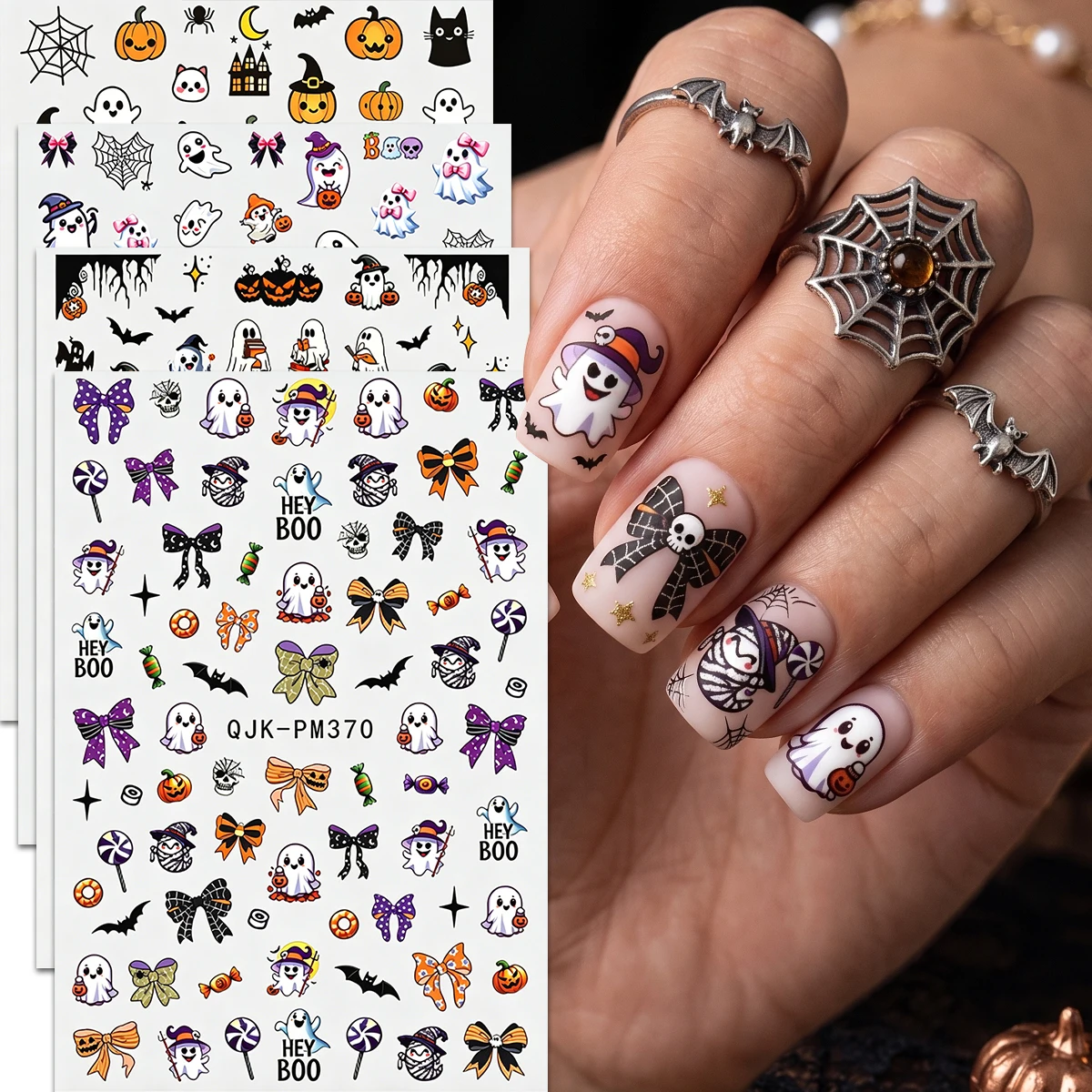 4 Stück Nageldekorationsaufkleber, Halloween-Cartoon-Motiv mit Geistern und Kürbissen, niedliche und lustige Halloween- und Totenfest-Partydekoration. – Detail 2