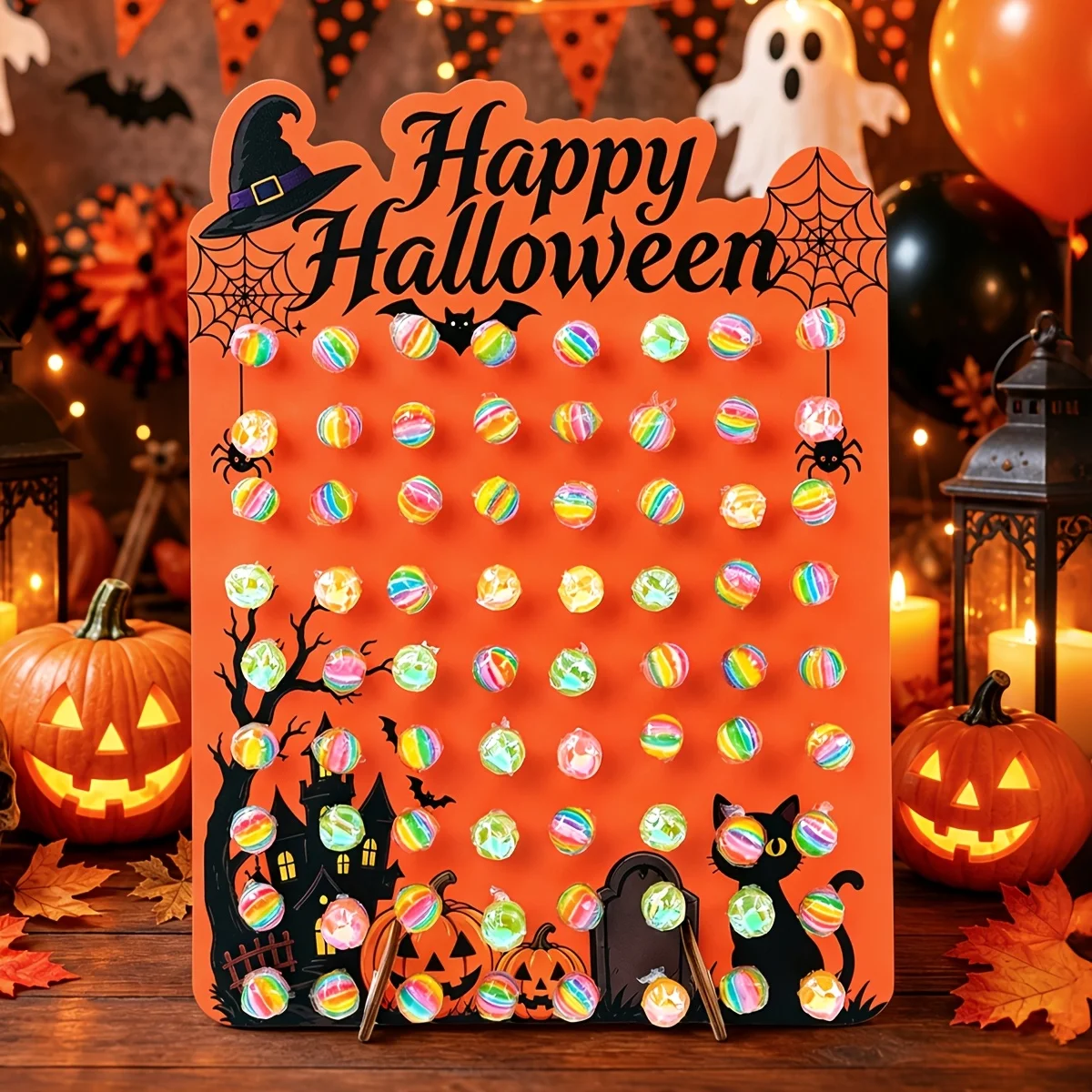 Halloween Wooden Lollipop Display Board 64 Holes Trick Freestanding Pattern Table Decor Halloween Party Treat Display Decoration