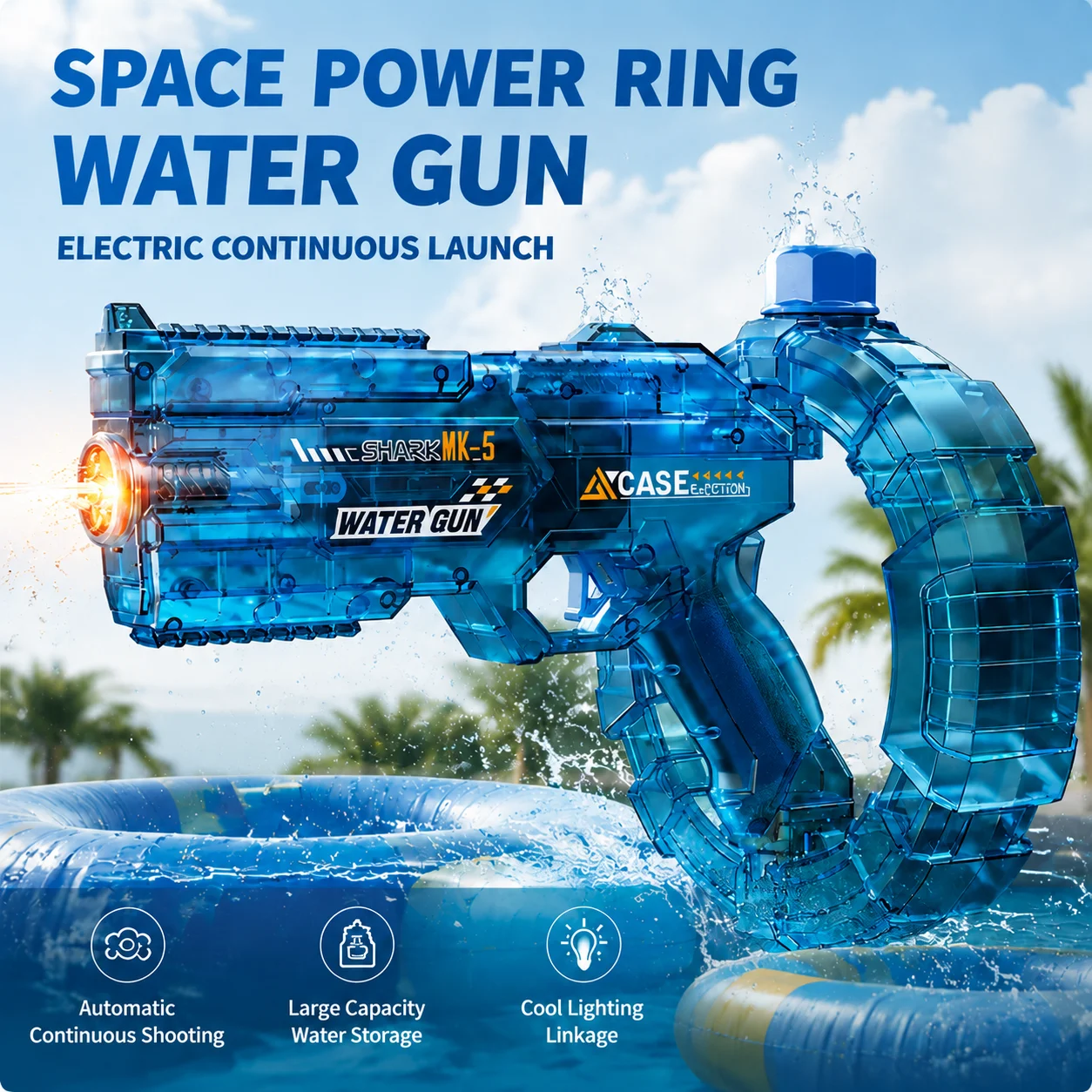Space Electric Water Gun Energy Ring Burst Transformation LED Lights Large Capacity Full Auto Continuous Fire Squirt Gun Toys