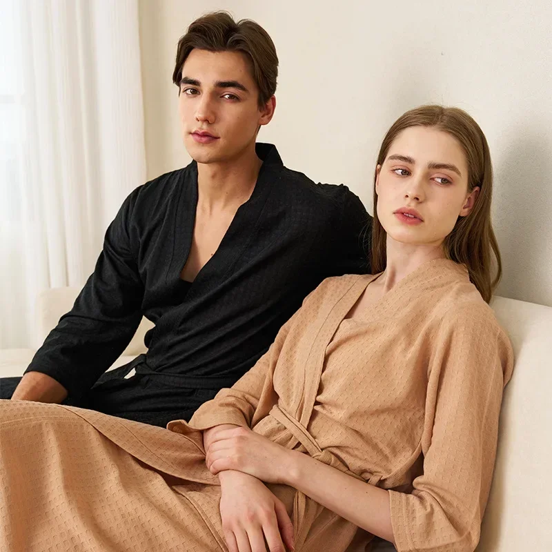Albornoz fino absorbente con patrón de gofres para hombre y mujer, ropa de dormir Sexy transpirable de longitud media, camisón cómodo para el hogar, verano