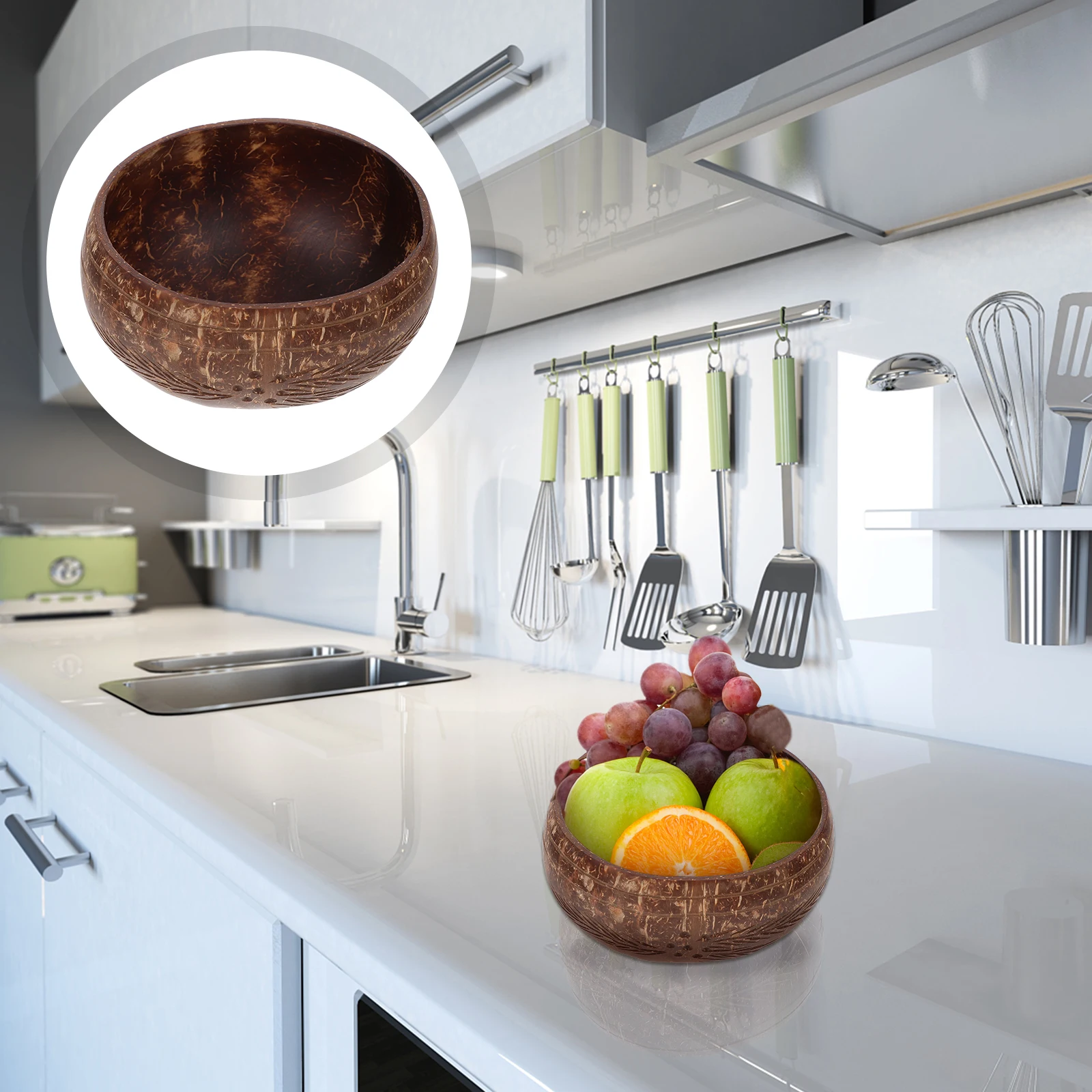 

2pcs Coconut Shell Bowls High Quality Large Capacity Smooth Edge Salad Fruit Vegetable Food Serving Bowls Kitchen Bar Utensils