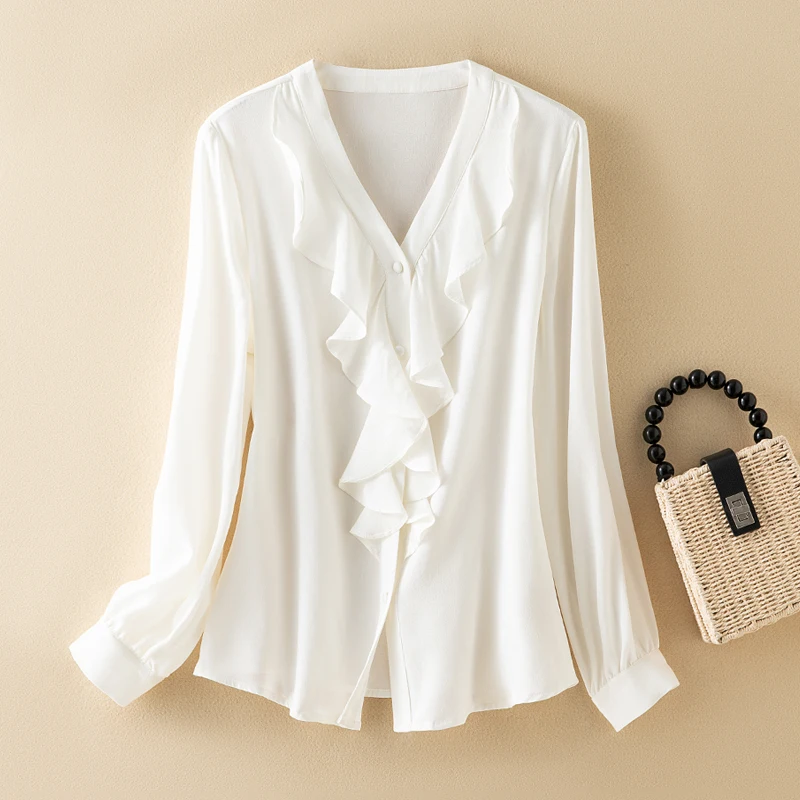 

93% Mulberry Silk 7% Spandex Women Long Sleeve Shirt White V Ruffles Neck Buttons Down Top Blouse 2026 Summer Autumn FF052