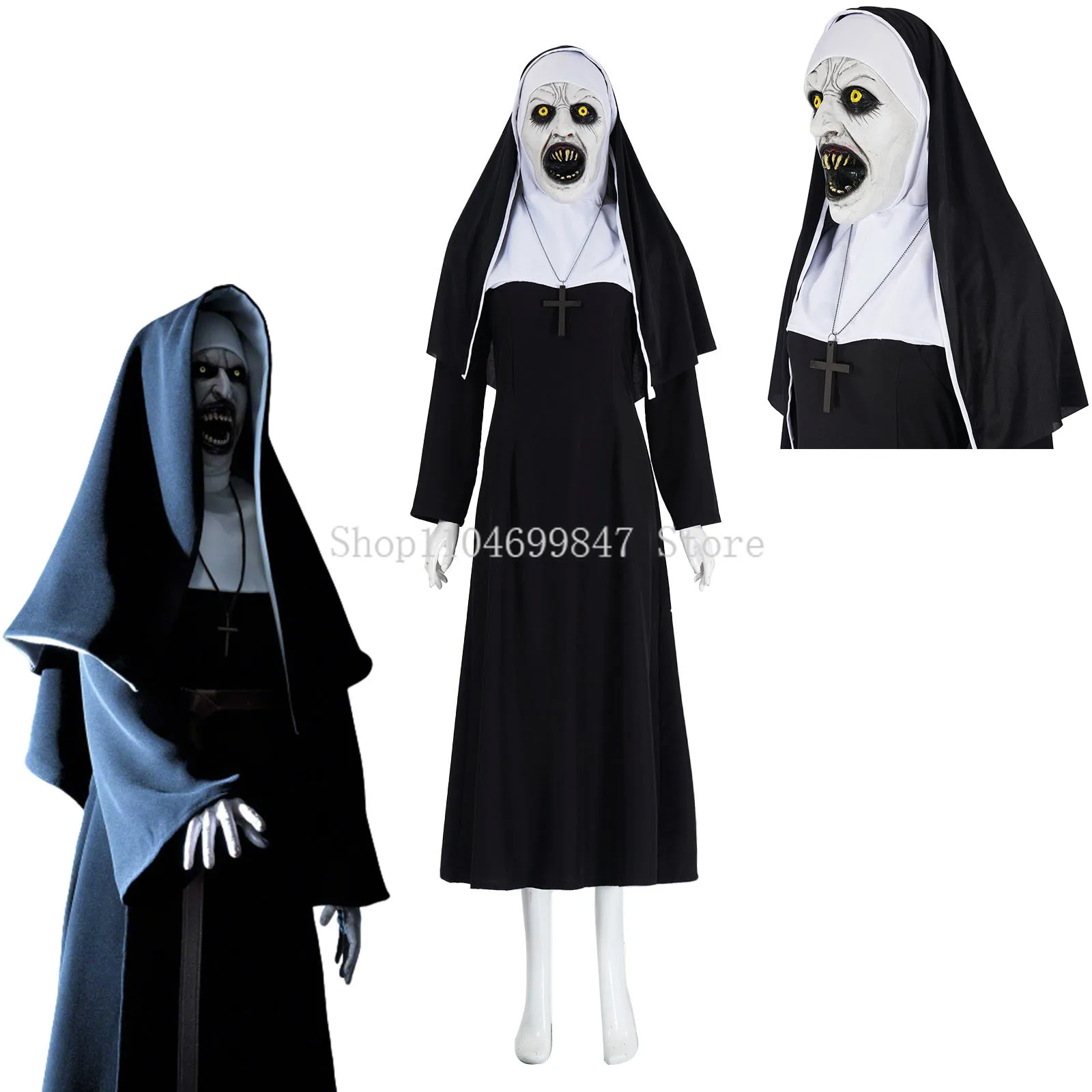 أزياء شبح نون التأثيرية أزياء رعب ريترو الدين أزياء الكاهن للهالوين للنساء البالغات متكاملة مع قناع